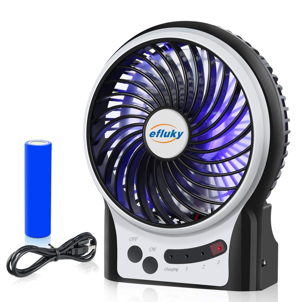 1. efluky 3 speed 4.9-inch Black Rechargeable Portable Fan